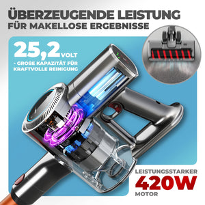 Akkustaubsauger 420 Orange mit 25,2 Volt und 420W Motor für effiziente Reinigung und kabellose Nutzung.