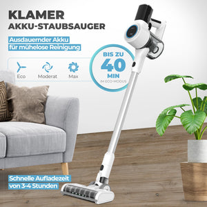 Akkustaubsauger 420 Weiß mit austauschbarem Akku und LED-Beleuchtung für effektive und kabellose Reinigung.