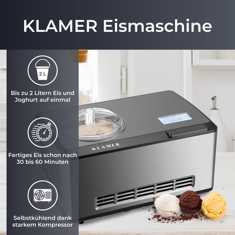 2-in-1 Eismaschine 2L mit selbstkühlendem Kompressor für schnelle Eiszubereitung.