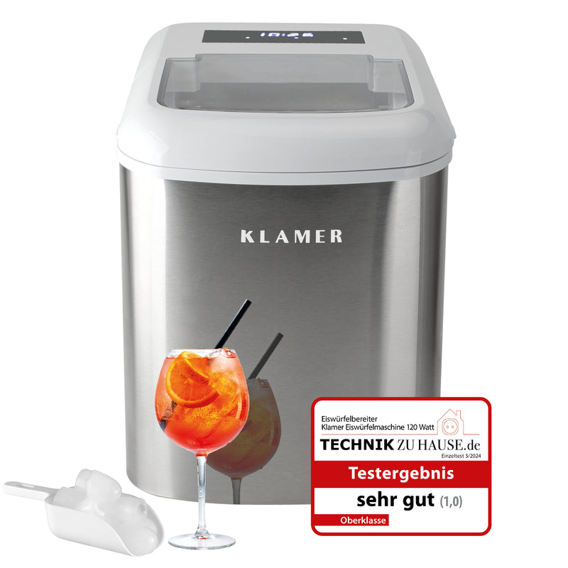 Eiswürfelmaschine 120 Watt mit Getränken, Edelstahl-Design und guter Testbewertung.