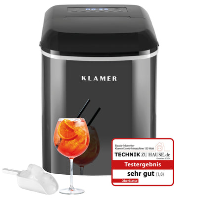 Eiswürfelmaschine 120 Watt von Klamer mit Testbericht sehr gut, ideal für Partys und große Familien.