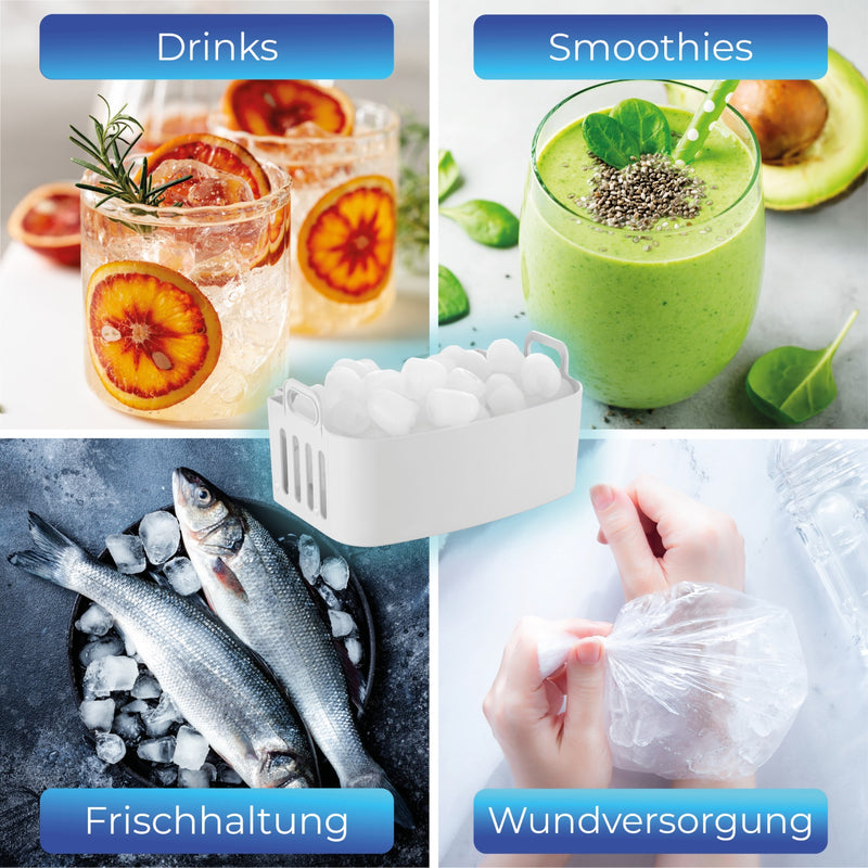 Eiswürfelmaschine 120 Watt für Drinks, Smoothies, Frischhaltung und Wundversorgung. Schnelle Eisproduktion und 2 Größen.