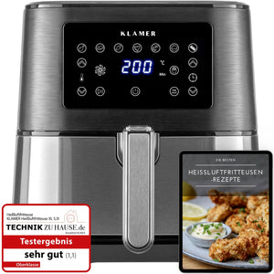 Heißluftfritteuse XL 5.5L mit digitaler LED-Anzeige und Rezeptbuch für gesunde Frittieroptionen.