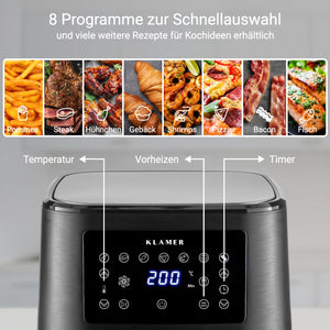 Heißluftfritteuse XL 5.5L mit 8 Programmen zur Schnellauswahl und eleganter LED-Digitalanzeige