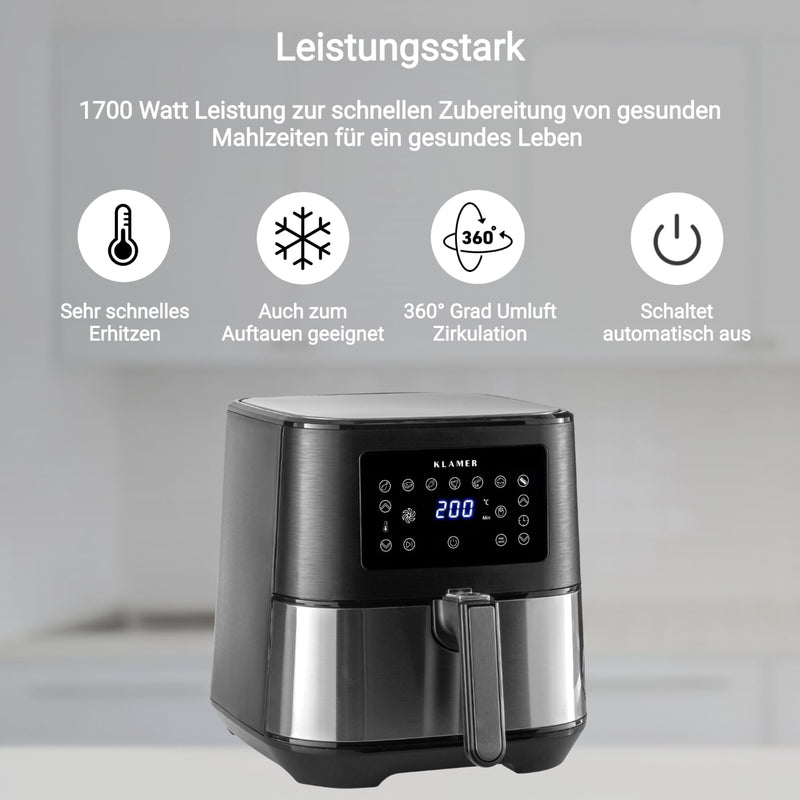 Heißluftfritteuse XL 5.5L mit 1700 Watt Leistung und LED-Digitalanzeige für gesundes Kochen.