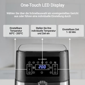 Heißluftfritteuse XL 5.5L mit One-Touch LED Display für einfache Temperatur- und Zeiteinstellung.