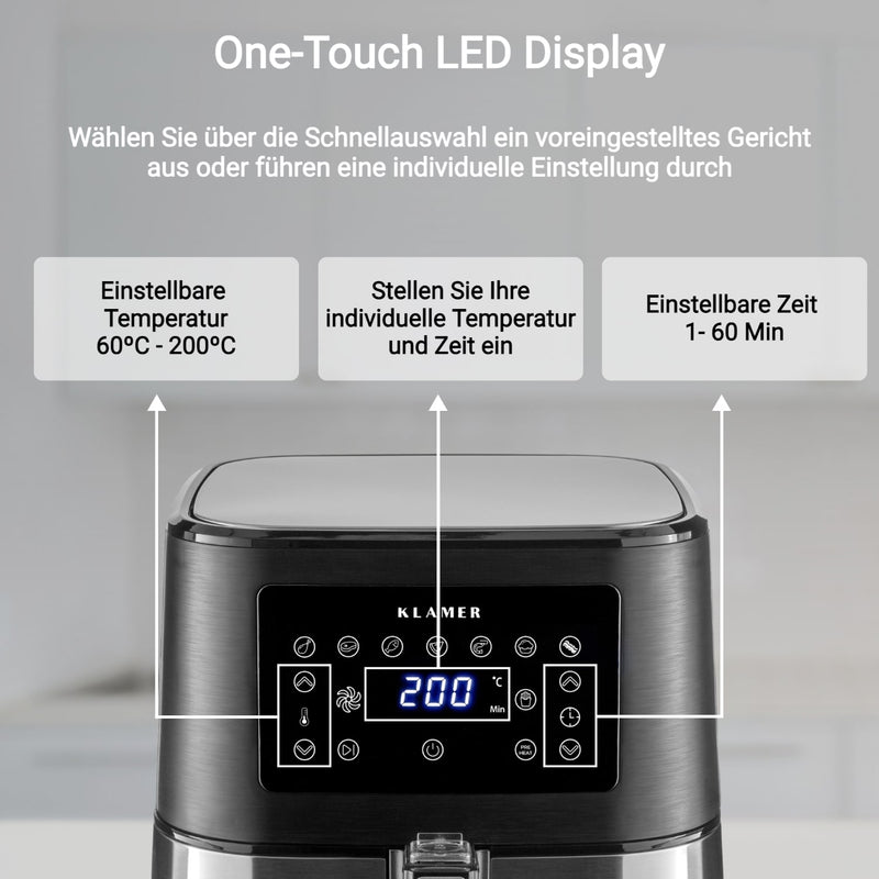 Heißluftfritteuse XL 5.5L mit One-Touch LED Display für einfache Temperatur- und Zeiteinstellung.