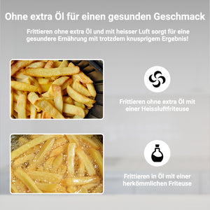 Heißluftfritteuse XL 5.5L zeigt gesunde Pommes Frites ohne extra Öl, knusprig zubereitet.