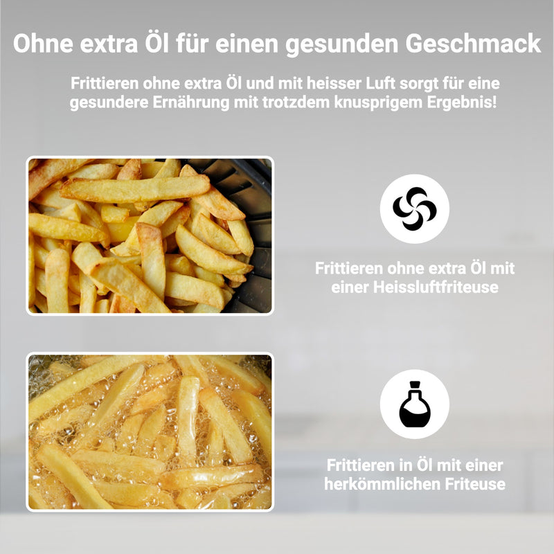 Heißluftfritteuse XL 5.5L zeigt gesunde Pommes Frites ohne extra Öl, knusprig zubereitet.