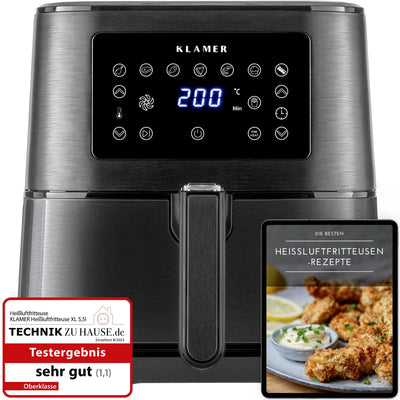 Heißluftfritteuse XL 5.5L Schwarz mit digitaler LED-Anzeige und Rezeptbuch, hochwertige Leistung.
