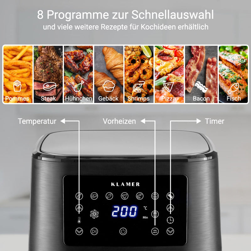 Heißluftfritteuse XL 5.5L Schwarz mit LED-Digitalanzeige und 8 Programmen zur Schnellauswahl.