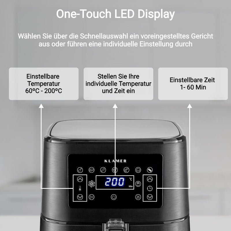 Heißluftfritteuse XL 5.5L Schwarz mit One-Touch LED Display zur einfachen Temperatur- und Zeiteinstellung.