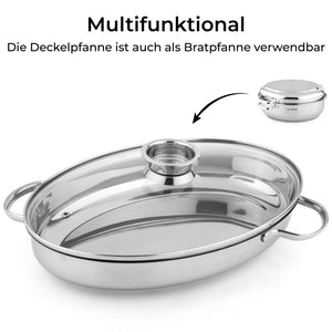 Edelstahl-Bräter mit Deckel, multifunktional als Bratpfanne verwendbar, Größe 38x27x12,5 cm.