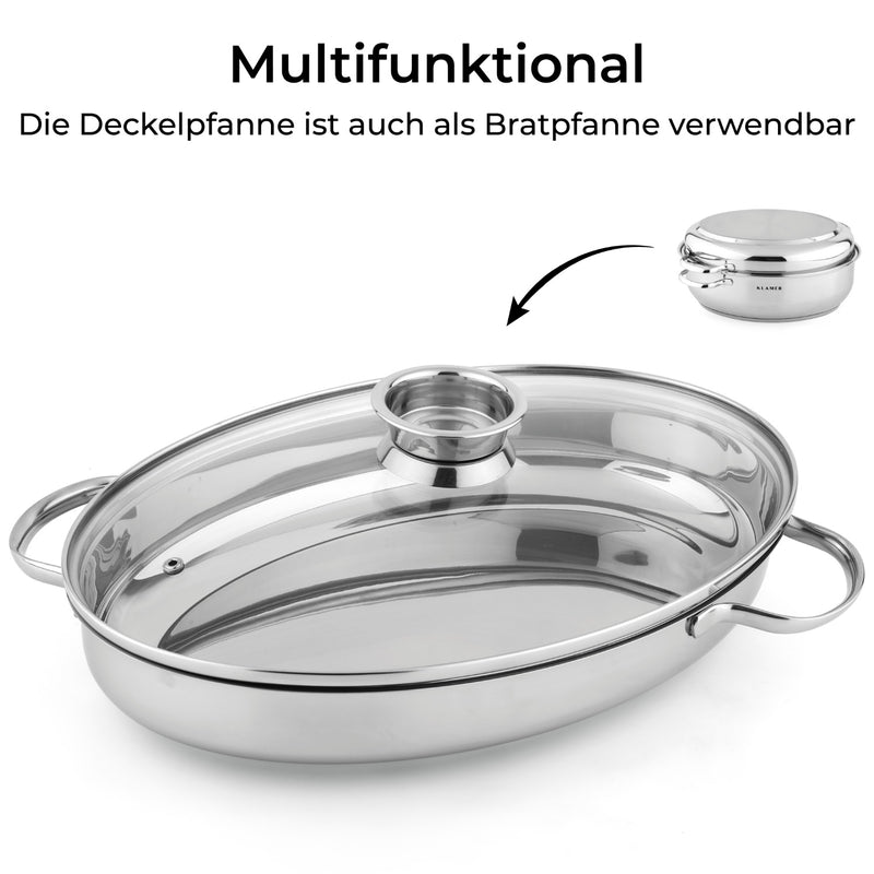 Edelstahl-Bräter mit Deckel, multifunktional als Bratpfanne verwendbar, Größe 38x27x12,5 cm.