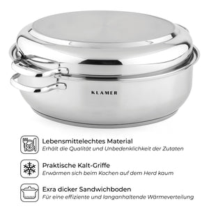 Edelstahl-Bräter von KLAMER mit Deckel und Kalt-Griffen, ideal für verschiedene Herdarten und vielseitige Anwendungen.