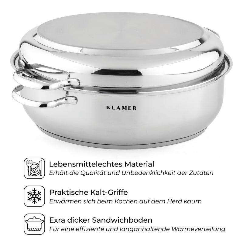 Edelstahl-Bräter von KLAMER mit Deckel und Kalt-Griffen, ideal für verschiedene Herdarten und vielseitige Anwendungen.