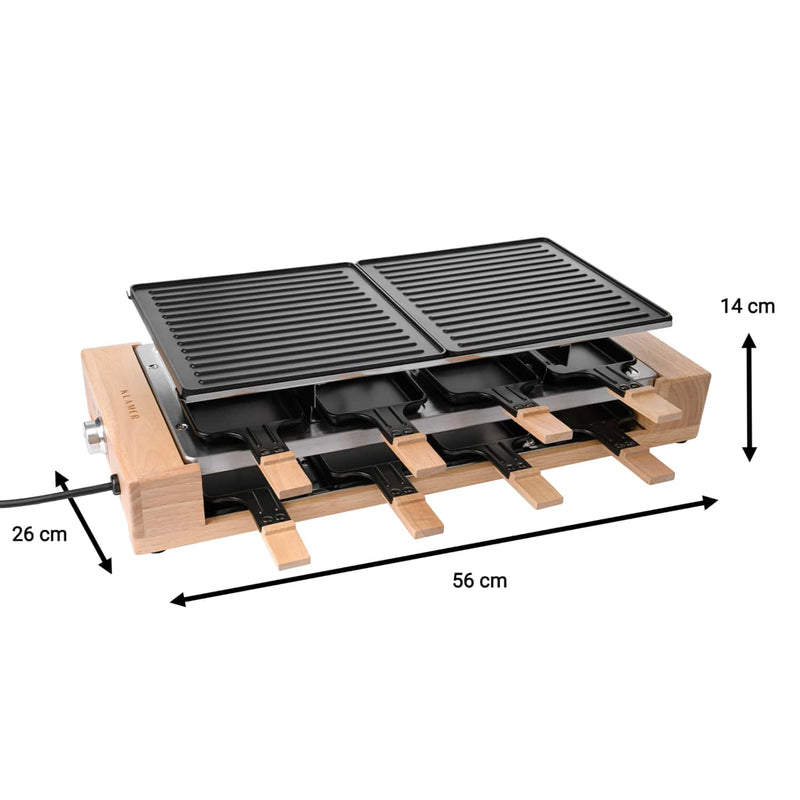 Raclette Grill Holz-Edelstahl für 8 Personen, inklusive Grillplatte und Ablagevorrichtung