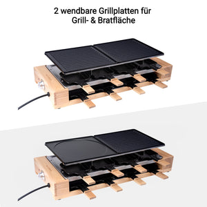 Raclette Grill Holz-Edelstahl mit 2 wendbaren Grillplatten für Grill- und Bratfläche, ideal für gemütliche Abende.