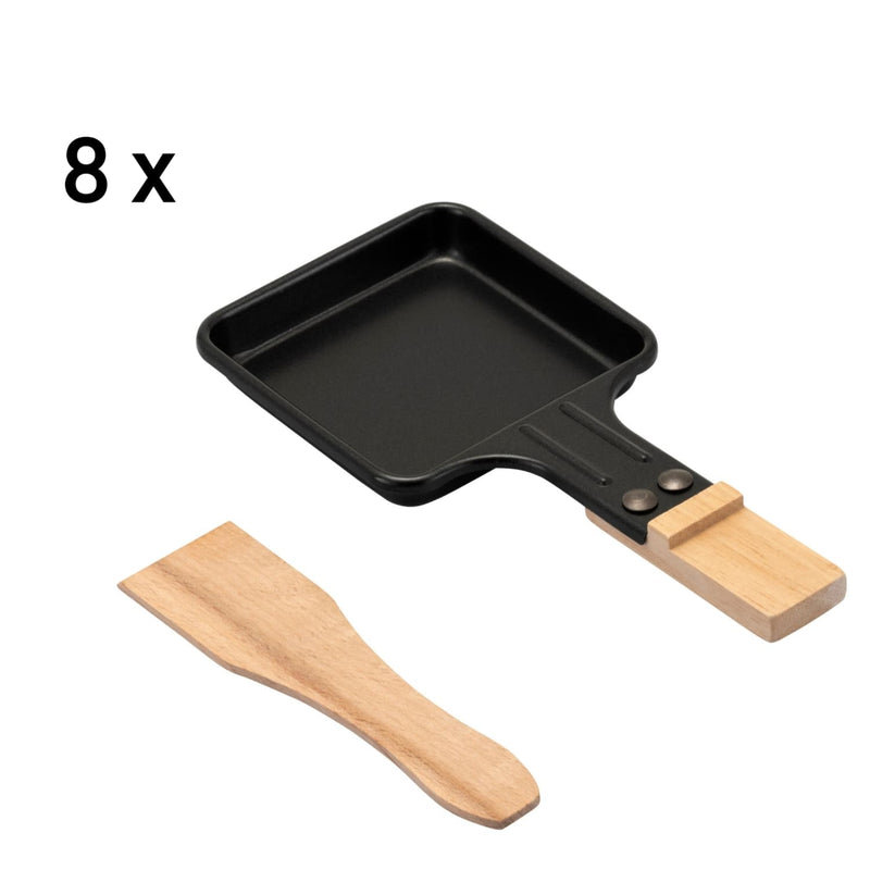 8 Raclette Pfannen und ein Holzspatel für den Raclette Grill Holz-Edelstahl, ideal für gesellige Abende.