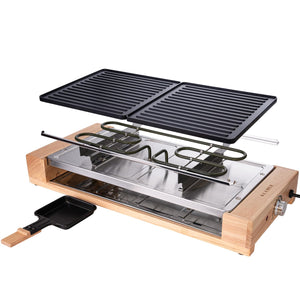 Raclette Grill Holz-Edelstahl mit abnehmbarem Grillplatte, ausgestattet für 8 Personen, ideal für Winterabende.