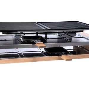 Raclette Grill Holz-Edelstahl mit Aluminiumguss-Grillplatte und Ablagevorrichtung für 8 Personen.