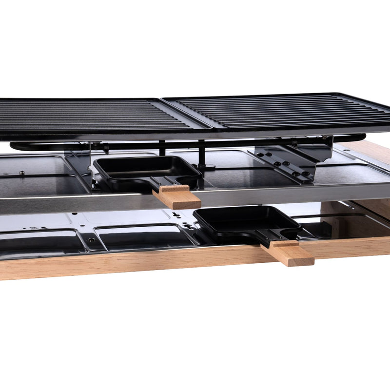 Raclette Grill Holz-Edelstahl mit Aluminiumguss-Grillplatte und Ablagevorrichtung für 8 Personen.