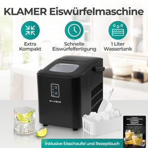 KLAMER Eiswürfelmaschine Kompakt mit 1 Liter Wassertank für schnelle Eiswürfelfertigung und inklusive Rezeptbuch.