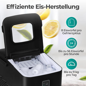 Eiswürfelmaschine Kompakt mit effizienter Eis-Herstellung, 8 Eiswürfel pro Zyklus und bis zu 56 Eiswürfel pro Stunde.