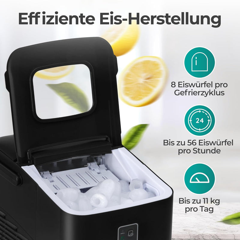 Eiswürfelmaschine Kompakt mit effizienter Eis-Herstellung, 8 Eiswürfel pro Zyklus und bis zu 56 Eiswürfel pro Stunde.