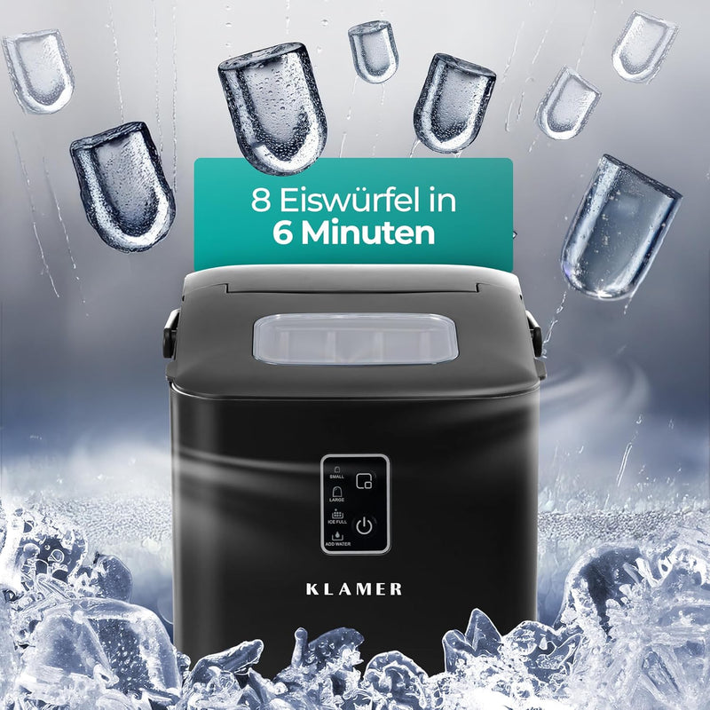 Eiswürfelmaschine Kompakt mit 8 Eiswürfeln in 6 Minuten, effizient und praktisch für frisches Eis.