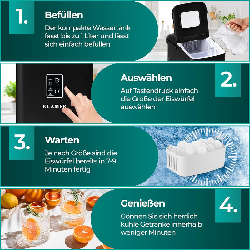 Eiswürfelmaschine Kompakt: 4 Schritte zur Herstellung frischer Eiswürfel für kühle Getränke.