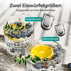 Eiswürfelmaschine Kompakt mit großen und kleinen Eiswürfeln in Getränken. Zweifache Eiswürfelgröße für jeden Bedarf.