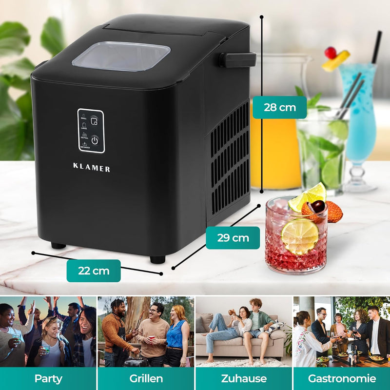 Eiswürfelmaschine Kompakt für 56 Eiswürfel pro Stunde in verschiedenen Größen, ideal für Partys und Gastronomie.