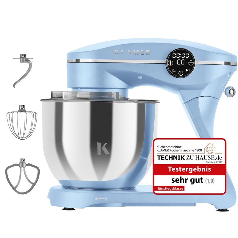 Küchenmaschine Klamer 1800 Watt in Blau mit Zubehör und Testergebnis sehr gut