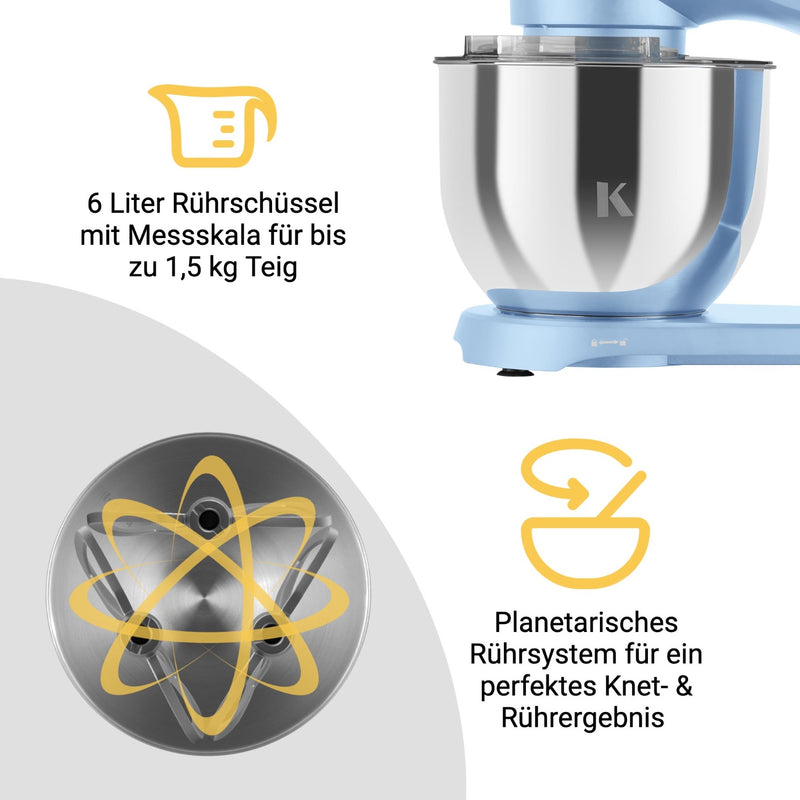 Küchenmaschine mit 6 Liter Rührschüssel und planetarischem Rührsystem für perfektes Knet- und Rührergebnis