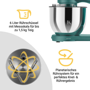 Küchenmaschine mit 6 Liter Rührschüssel und planetarischem Rührsystem für perfektes Knet- und Rührergebnis.