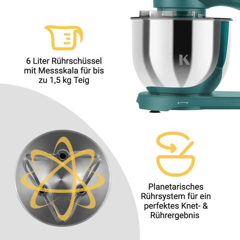 Küchenmaschine mit 6 Liter Rührschüssel und planetarischem Rührsystem für perfektes Knet- und Rührergebnis.