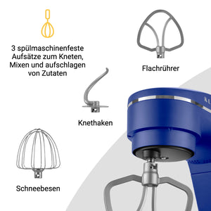Küchenmaschine mit 3 spülmaschinenfesten Aufsätzen zum Kneten, Mixen und Aufschlagen von Zutaten.