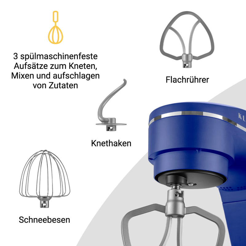 Küchenmaschine mit 3 spülmaschinenfesten Aufsätzen zum Kneten, Mixen und Aufschlagen von Zutaten.