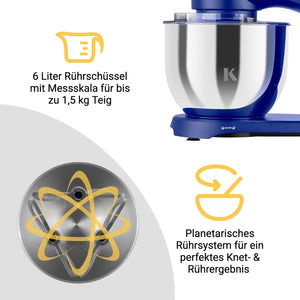 Küchenmaschine mit 6 Litern Rührschüssel, ideal für bis zu 1,5 kg Teig und planetarisches Rührsystem für perfekte Ergebnisse.