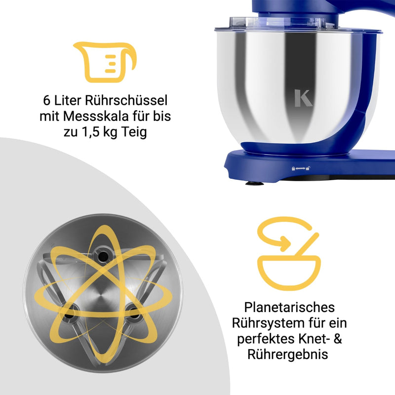 Küchenmaschine mit 6 Litern Rührschüssel, ideal für bis zu 1,5 kg Teig und planetarisches Rührsystem für perfekte Ergebnisse.