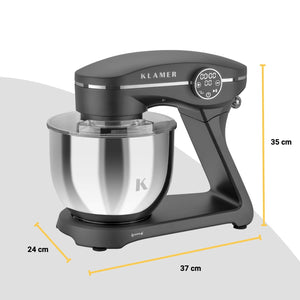 Küchenmaschine Klamer mit 1800 Watt Motor und 6 Liter Schüssel für leistungsstarkes und familientaugliches Kochen.