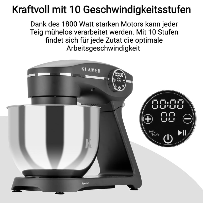 Küchenmaschine mit 1800 Watt Motor und 10 Geschwindigkeitsstufen für müheloses Teigverarbeiten.