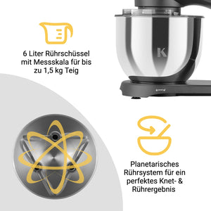 Küchenmaschine mit 6 Litern Rührschüssel und planetarischem Rührsystem für perfektes Knet- und Rühregebnis.