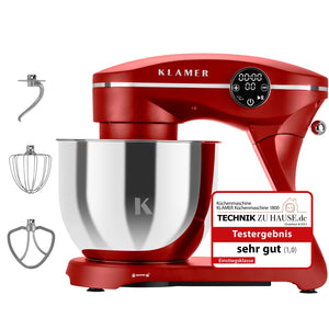 Küchenmaschine Klamer 1800 Watt mit Zubehör und Edelstahl-Schüssel für große Familien.