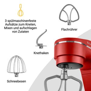 Küchenmaschine mit 3 spülmaschinenfesten Aufsätzen zum Kneten, Mixen und Aufschlagen von Zutaten