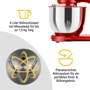 Küchenmaschine mit 6 Liter Rührschüssel und planetarischem Rührsystem für perfektes Knet- und Rührergebnis.
