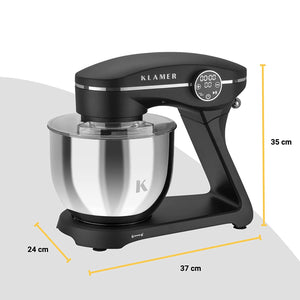 Küchenmaschine mit 1800 Watt Motor, 7,6 kg Fassungsvermögen und Spritzschutz, stilvolles Design in Schwarz.