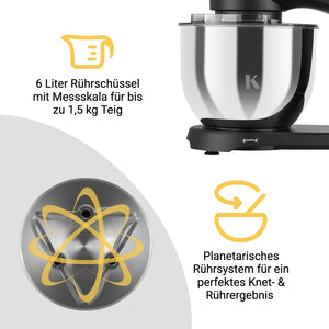 Küchenmaschine mit 6 Liter Rührschüssel und planetarischem Rührsystem für perfektes Knet- & Rührergebnis