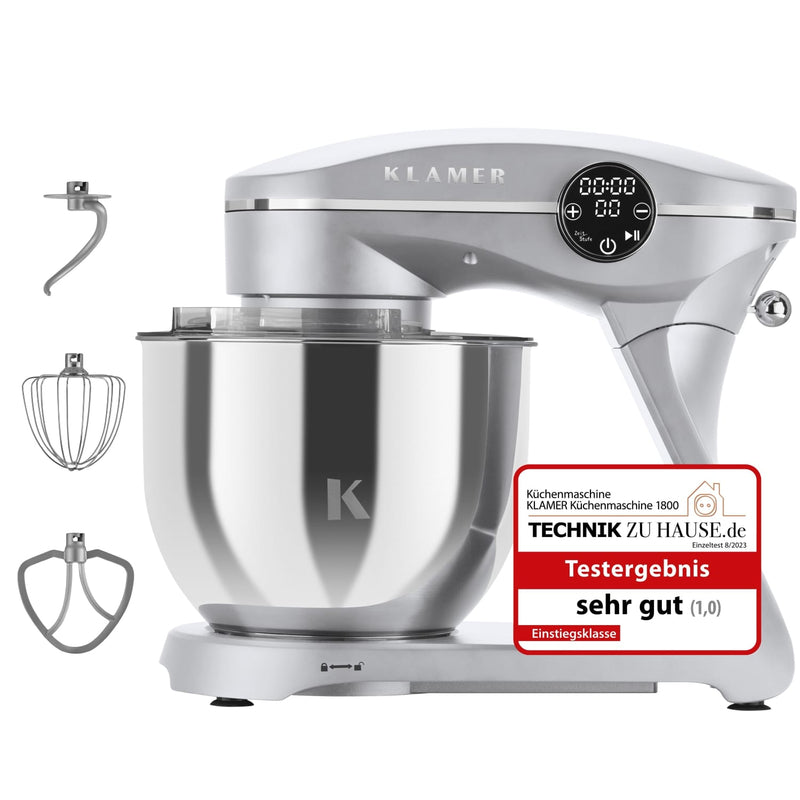Küchenmaschine Klamer 1800 Watt mit 7,6 kg Schüssel, Zubehör und Testergebnis sehr gut.